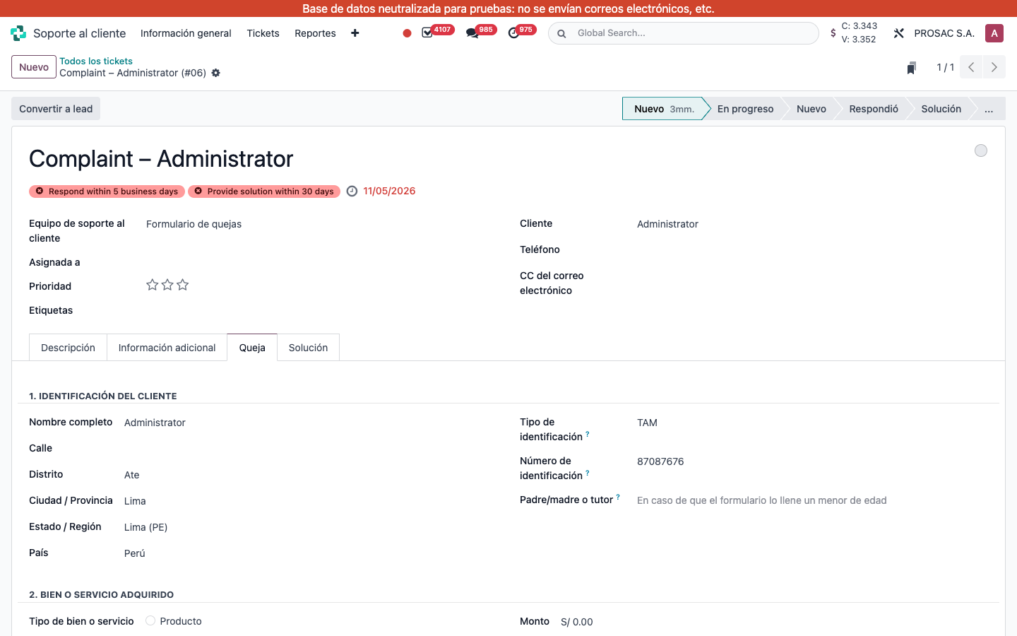 Helpdesk ticket Queja tab